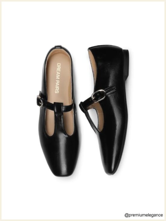 Shoes - Women's T-Strap Mary Jane Flats Faux Leather Square Toe Cushioned Ballet
